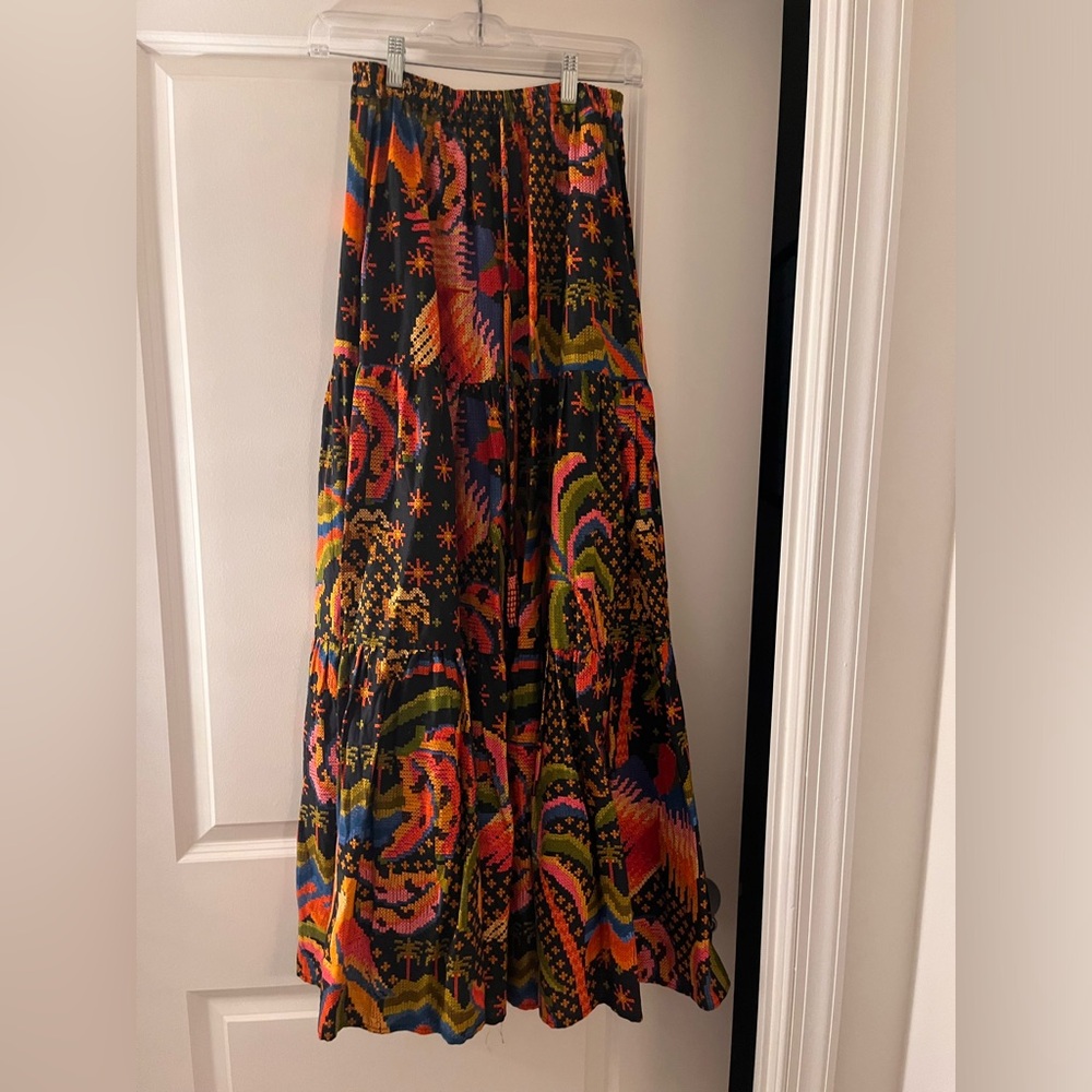 FarmRio Skirt, NWOT Farm Rio Maxi Skirt W/Cross Stitch Print & Beaded Tassels